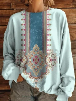 Women's Pullover Sweatshirt Floral Graphic Warm Active Vintage Long Sleeve Round Neck Regular Tops Street Dailywear Casual Print White Yellow Red Blue Brown Spring Fall Winter