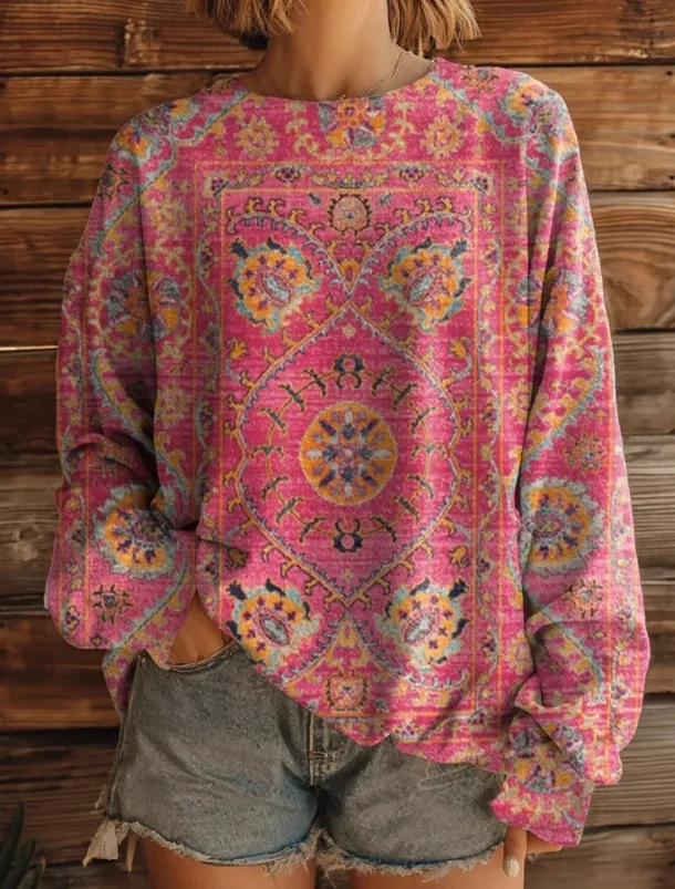 Women's Pullover Sweatshirt Floral Graphic Warm Active Vintage Long Sleeve Round Neck Regular Tops Street Dailywear Casual Print White Yellow Red Blue Brown Spring Fall Winter