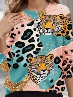 Women's Pullover Sweatshirts Animal Leopard Active Cute Classic Long Sleeve Crew Neck Round Neck Regular Tops Home Work Dailywear Print Pink Summer Spring Fall Spring, Fall, Winter, Summer