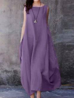 Women's Purple Brown Dark Blue Summer Spring Maxi Dress Cotton Linen Dresses Casual Dress Cotton Linen Dress Basic Casual Mature Outdoor Vacation Daily Loose Fit Pure Color Boat Neck