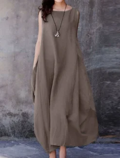 Women's Purple Brown Dark Blue Summer Spring Maxi Dress Cotton Linen Dresses Casual Dress Cotton Linen Dress Basic Casual Mature Outdoor Vacation Daily Loose Fit Pure Color Boat Neck