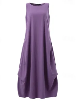 Women's Purple Brown Dark Blue Summer Spring Maxi Dress Cotton Linen Dresses Casual Dress Cotton Linen Dress Basic Casual Mature Outdoor Vacation Daily Loose Fit Pure Color Boat Neck