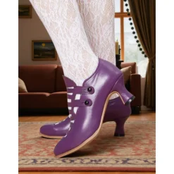 Women's Purple Edwardian Cage Strap Heels – Vintage 1900s-Inspired Faux Leather Kitten Heel Dress Shoes, Retro Costume Footwear for Historical Reenactment, Theater, and Gothic Lolita Style