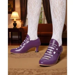 Women's Purple Edwardian Cage Strap Heels – Vintage 1900s-Inspired Faux Leather Kitten Heel Dress Shoes, Retro Costume Footwear for Historical Reenactment, Theater, and Gothic Lolita Style