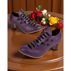 Women's Purple Edwardian Cage Strap Heels – Vintage 1900s-Inspired Faux Leather Kitten Heel Dress Shoes, Retro Costume Footwear for Historical Reenactment, Theater, and Gothic Lolita Style