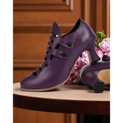 Women's Purple Edwardian Cage Strap Heels – Vintage 1900s-Inspired Faux Leather Kitten Heel Dress Shoes, Retro Costume Footwear for Historical Reenactment, Theater, and Gothic Lolita Style