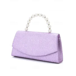 Women's Purple Glitter Clutch Bag with Pearl Handle – Elegant Evening Handbag for Parties and Weddings