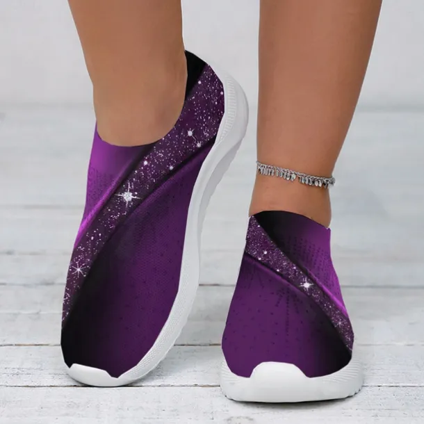 Women's Purple Printed Flyknit Slip-On Fashion Sneakers – Lightweight and Breathable Casual Footwear for Walking and Everyday Comfort