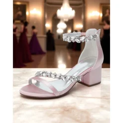 Women's Purple Satin Block Heel Sandals - Crystal Embellished Ankle Strap Evening Shoes for Elegant Banquets and Cocktail Parties