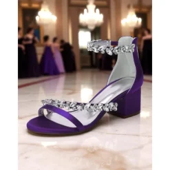 Women's Purple Satin Block Heel Sandals - Crystal Embellished Ankle Strap Evening Shoes for Elegant Banquets and Cocktail Parties