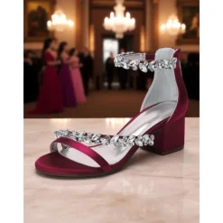 Women's Purple Satin Block Heel Sandals - Crystal Embellished Ankle Strap Evening Shoes for Elegant Banquets and Cocktail Parties
