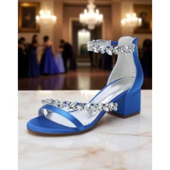 Women's Purple Satin Block Heel Sandals - Crystal Embellished Ankle Strap Evening Shoes for Elegant Banquets and Cocktail Parties