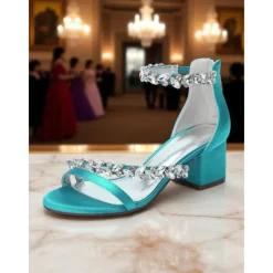 Women's Purple Satin Block Heel Sandals - Crystal Embellished Ankle Strap Evening Shoes for Elegant Banquets and Cocktail Parties