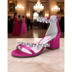 Women's Purple Satin Block Heel Sandals - Crystal Embellished Ankle Strap Evening Shoes for Elegant Banquets and Cocktail Parties