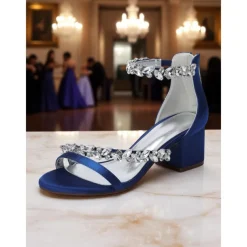 Women's Purple Satin Block Heel Sandals - Crystal Embellished Ankle Strap Evening Shoes for Elegant Banquets and Cocktail Parties