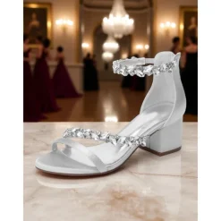 Women's Purple Satin Block Heel Sandals - Crystal Embellished Ankle Strap Evening Shoes for Elegant Banquets and Cocktail Parties