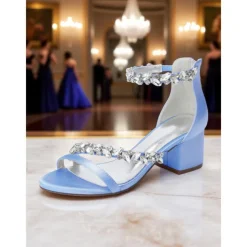 Women's Purple Satin Block Heel Sandals - Crystal Embellished Ankle Strap Evening Shoes for Elegant Banquets and Cocktail Parties