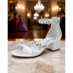 Women's Purple Satin Block Heel Sandals - Crystal Embellished Ankle Strap Evening Shoes for Elegant Banquets and Cocktail Parties