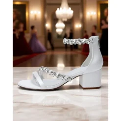 Women's Purple Satin Block Heel Sandals - Crystal Embellished Ankle Strap Evening Shoes for Elegant Banquets and Cocktail Parties