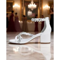 Women's Purple Satin Block Heel Sandals - Crystal Embellished Ankle Strap Evening Shoes for Elegant Banquets and Cocktail Parties