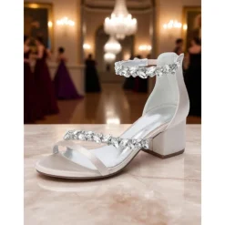 Women's Purple Satin Block Heel Sandals - Crystal Embellished Ankle Strap Evening Shoes for Elegant Banquets and Cocktail Parties