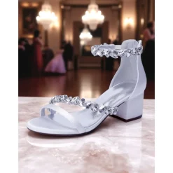 Women's Purple Satin Block Heel Sandals - Crystal Embellished Ankle Strap Evening Shoes for Elegant Banquets and Cocktail Parties