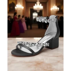 Women's Purple Satin Block Heel Sandals - Crystal Embellished Ankle Strap Evening Shoes for Elegant Banquets and Cocktail Parties