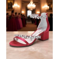 Women's Purple Satin Block Heel Sandals - Crystal Embellished Ankle Strap Evening Shoes for Elegant Banquets and Cocktail Parties