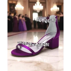 Women's Purple Satin Block Heel Sandals - Crystal Embellished Ankle Strap Evening Shoes for Elegant Banquets and Cocktail Parties