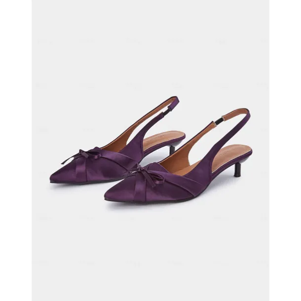 Women's Purple Satin Bow Slingback Kitten Heels – Stylish Evening & Romantic Date Shoes