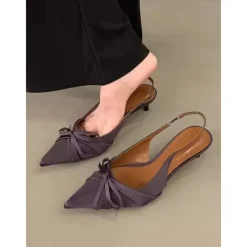Women's Purple Satin Bow Slingback Kitten Heels – Stylish Evening & Romantic Date Shoes