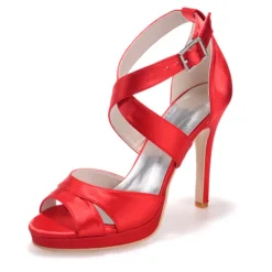 Women's Purple Satin Strappy High Heels – Platform Cocktail Sandals with Buckle Closure for Evening Parties and Weddings