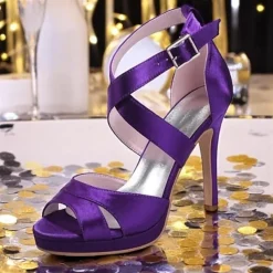 Women's Purple Satin Strappy High Heels – Platform Cocktail Sandals with Buckle Closure for Evening Parties and Weddings