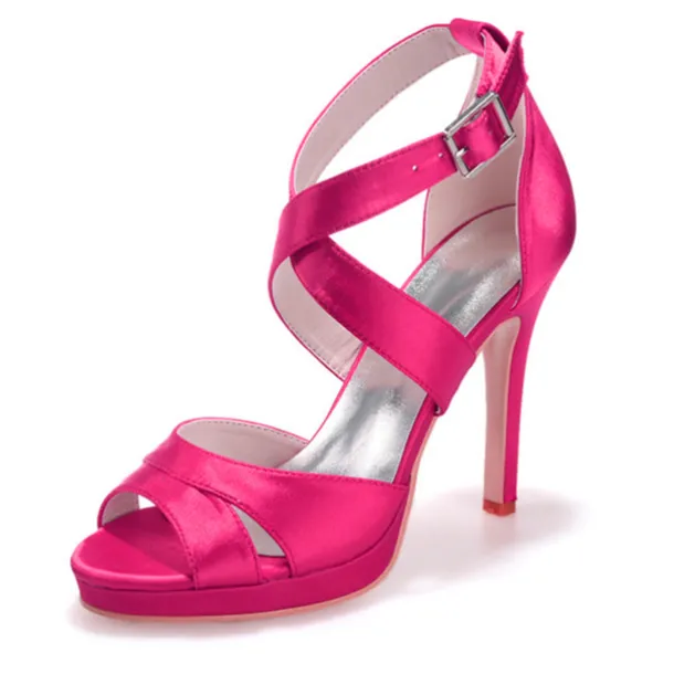 Women's Purple Satin Strappy High Heels – Platform Cocktail Sandals with Buckle Closure for Evening Parties and Weddings