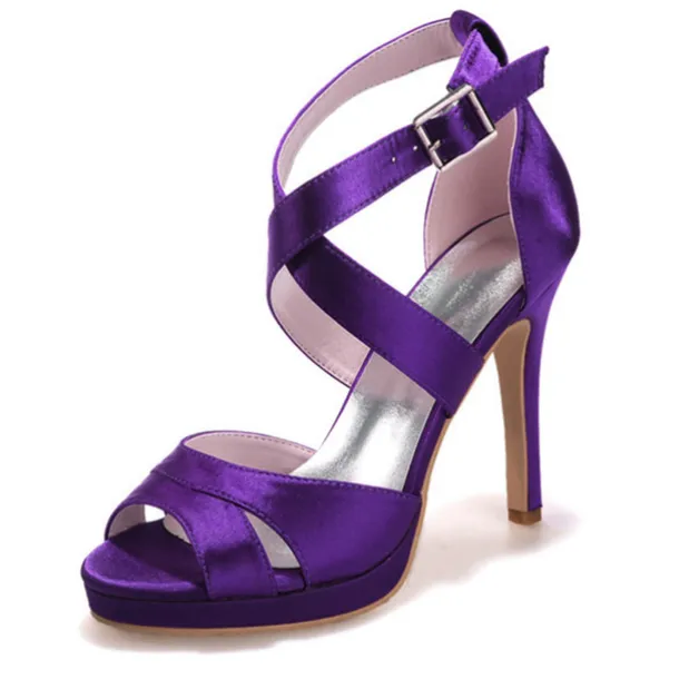 Women's Purple Satin Strappy High Heels – Platform Cocktail Sandals with Buckle Closure for Evening Parties and Weddings