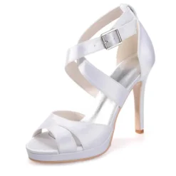 Women's Purple Satin Strappy High Heels – Platform Cocktail Sandals with Buckle Closure for Evening Parties and Weddings