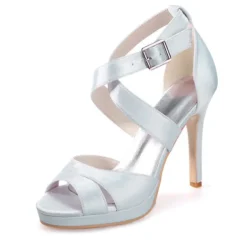 Women's Purple Satin Strappy High Heels – Platform Cocktail Sandals with Buckle Closure for Evening Parties and Weddings