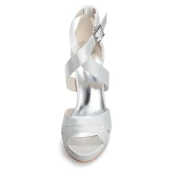 Women's Purple Satin Strappy High Heels – Platform Cocktail Sandals with Buckle Closure for Evening Parties and Weddings
