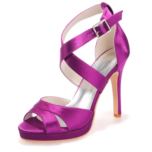 Women's Purple Satin Strappy High Heels – Platform Cocktail Sandals with Buckle Closure for Evening Parties and Weddings