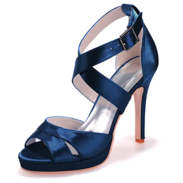 Women's Purple Satin Strappy High Heels – Platform Cocktail Sandals with Buckle Closure for Evening Parties and Weddings