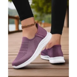 Women's Purple Slip-On Knit Walking Sneakers – Lightweight Breathable Athletic Shoes for Travel, Errands & Leisure Sports