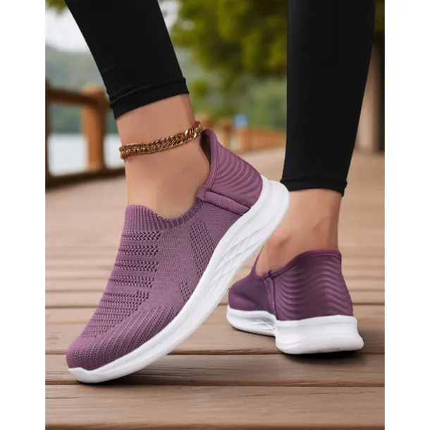 Women's Purple Slip-On Knit Walking Sneakers – Lightweight Breathable Athletic Shoes for Travel, Errands & Leisure Sports