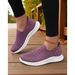 Women's Purple Slip-On Knit Walking Sneakers – Lightweight Breathable Athletic Shoes for Travel, Errands & Leisure Sports