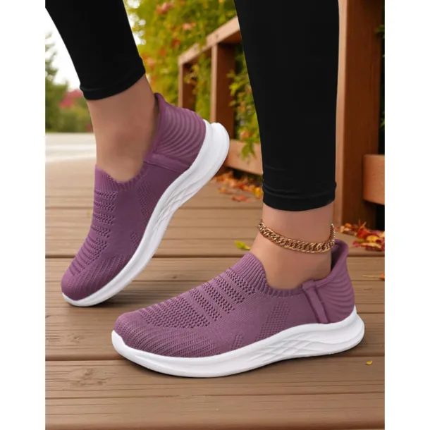 Women's Purple Slip-On Knit Walking Sneakers – Lightweight Breathable Athletic Shoes for Travel, Errands & Leisure Sports