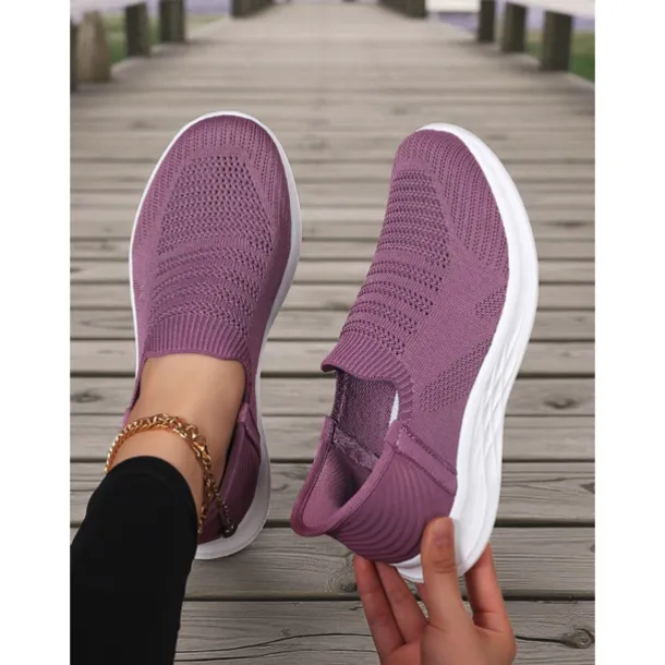 Women's Purple Slip-On Knit Walking Sneakers – Lightweight Breathable Athletic Shoes for Travel, Errands & Leisure Sports