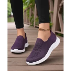 Women's Purple Slip-On Knit Walking Sneakers – Lightweight Breathable Athletic Shoes for Travel, Errands & Leisure Sports