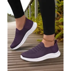 Women's Purple Slip-On Knit Walking Sneakers – Lightweight Breathable Athletic Shoes for Travel, Errands & Leisure Sports