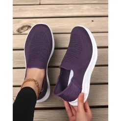 Women's Purple Slip-On Knit Walking Sneakers – Lightweight Breathable Athletic Shoes for Travel, Errands & Leisure Sports