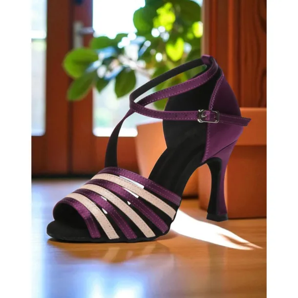 Women's Purple Strappy Satin Dance Heels with Glitter Accents - Professional Gatsby Party Ballroom Shoes