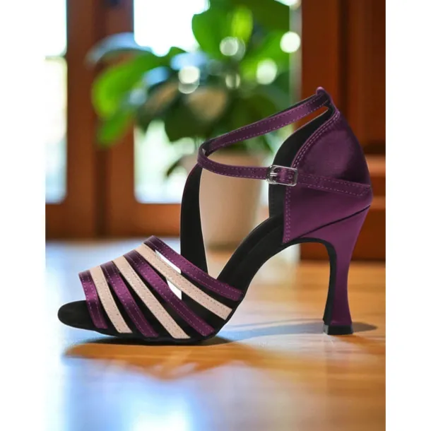 Women's Purple Strappy Satin Dance Heels with Glitter Accents - Professional Gatsby Party Ballroom Shoes